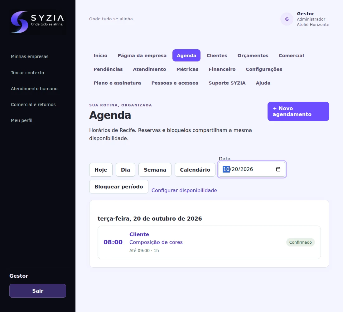 Captura real da Agenda da SYZIA com a reserva confirmada do serviço Composição de cores, após aceite direto pelo cliente.