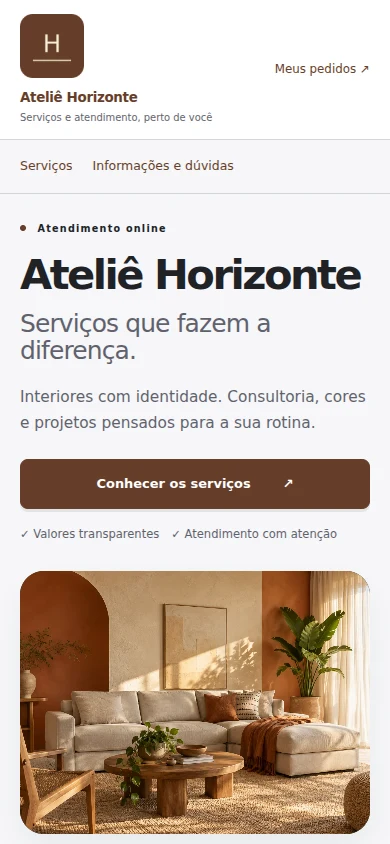 Página real da SYZIA em viewport móvel, personalizada para o Ateliê Horizonte com imagem de um ambiente e catálogo de serviços.
